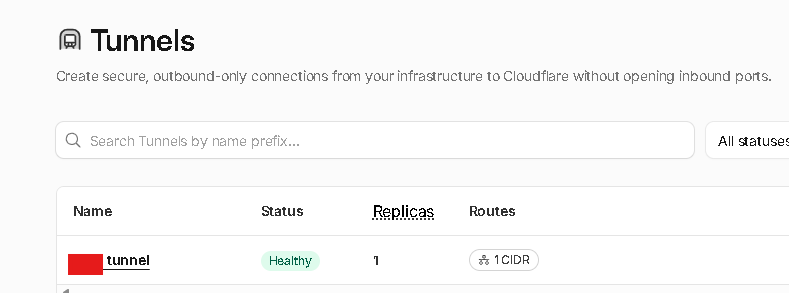 Cloudflare Tunnel list showing healthy tunnel