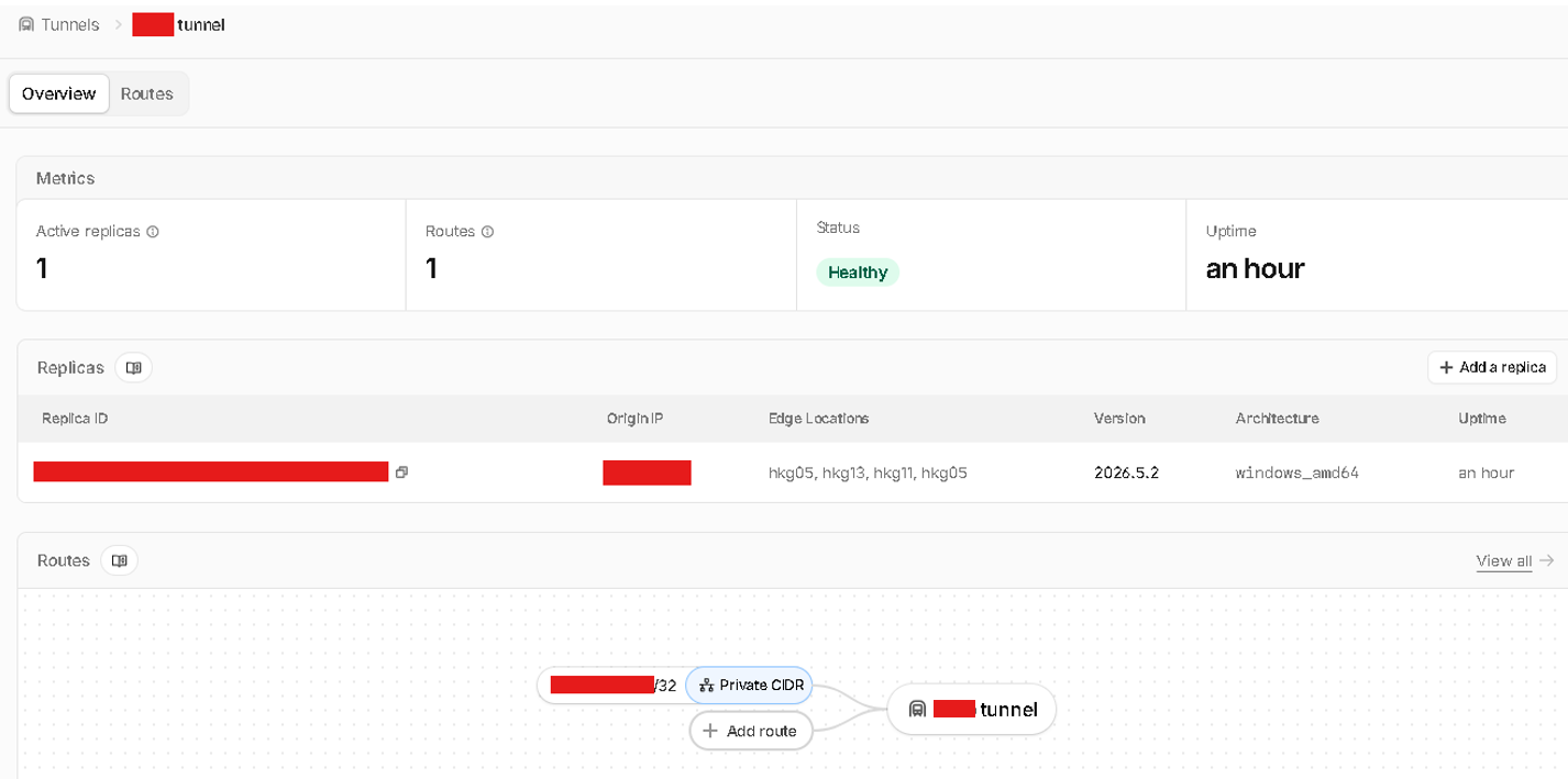 Cloudflare Tunnel detail showing healthy connector and private CIDR route